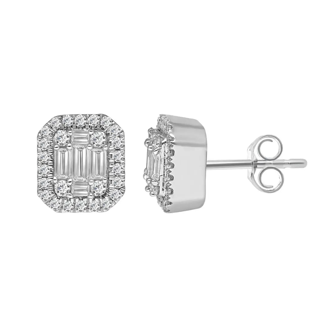9ct White Gold Natural Diamonds & Baguette Earrings Ear Studs 0.73ct 